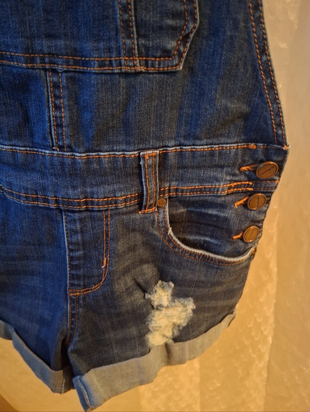 Dollhouse Women's Dark Blue Denim Short Overalls Sz 3 Preowned - Picture 6 of 9